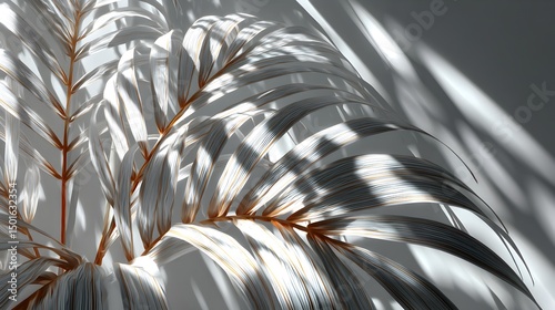 Sunlit bleached palm leaves cast dramatic shadows on a light gray wall creating a minimalist botanical backdrop.