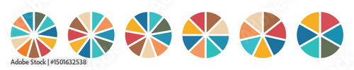 Pie chart color icons. Circle section graph. 6,7,8,9,10,11 segment infographic. Wheel round diagram part symbol. Segment slice sign. Wheel division into fractions, sectors. Vector illustration