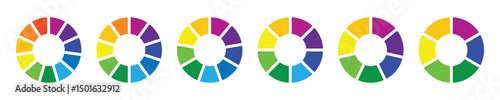 Pie chart set. Different color circles. Pie chart divided  6, 7, 8, 9, 10, 11 equal parts. donut and pie chart infographic elements. Colorful diagram graphs. Circle section graph.