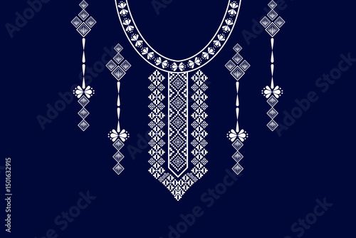 Geometric ethnic neckline flower pattern background. traditional style. decoration, textile, fabric, clothing.