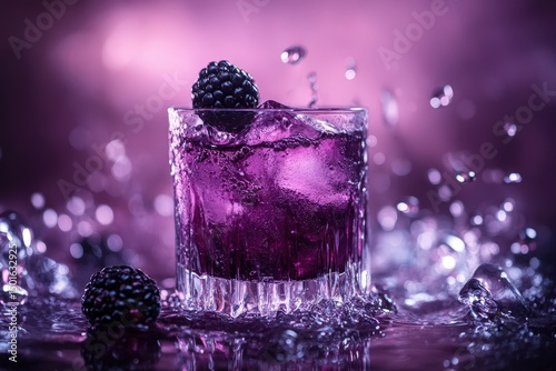 Purple drink with ice and blackberry garnish in a glass.