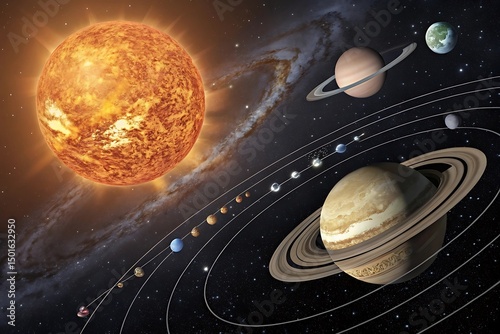 Solar system showing planets orbiting a bright sun illustration Ai generate.