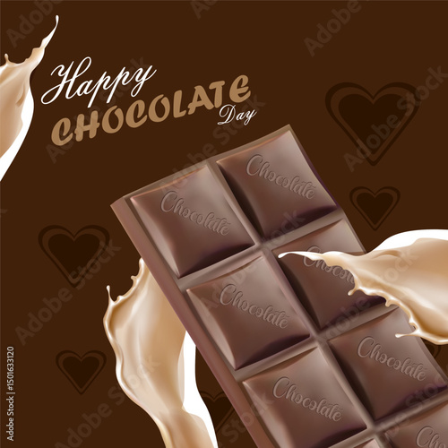 Chocolate Day celebration banner featuring milk splash and rich chocolate block with hearts, ideal for sweet promotions, confectionery ads, or Valentine's marketing