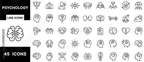 Psychology and Mental Health Line Icons – Therapy, Brain, Emotions, Cognitive Behavior, Mindfulness, Psychiatry, Wellness and Psychological Support Set