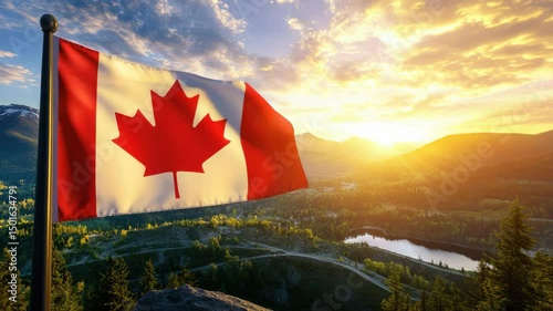 Beautiful landscape featuring the Canadian flag at sunset in a serene setting.