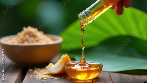Sweet honey dripping into glass bowl with brown sugar and citrus on wooden table. medicinal herbs and traditional medicine