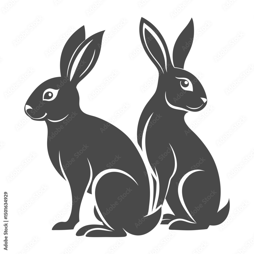 Fototapeta premium Two black rabbits sitting together illustration