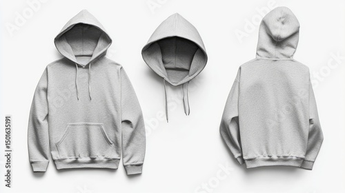 Light gray hoodie shown in three views front, hood, and back
