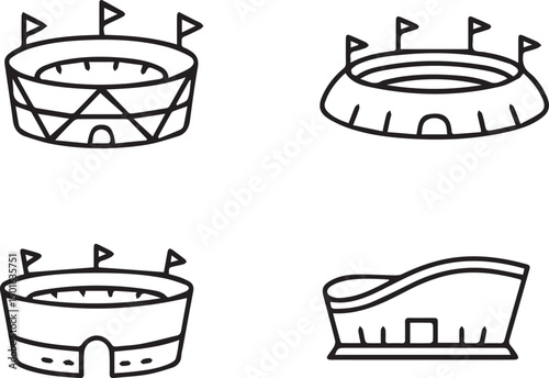 Stadium Icon Set: A comprehensive set of stylized stadium icons showcasing different architectural designs and perspectives. Ideal for illustrating sports venues and event locations.