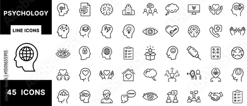 Mental Health and Psychology Line Icons – Emotional Support, Brain, Therapy, Counseling, Cognitive Science, Telehealth, Psychiatry, and Wellness Awareness Set