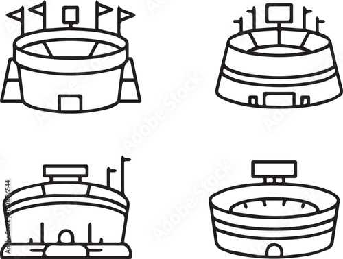 Stadium Outline Icon Set: A collection of stadium outlines with varying shapes and sizes, complete with flags, towers, and open-air designs.