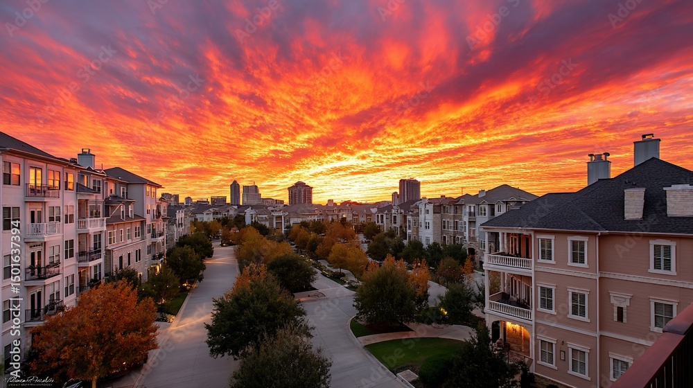 Naklejka premium Fiery sky paints the cityscape