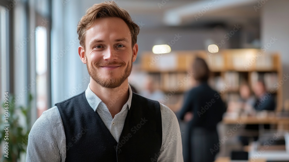 Fototapeta premium A smiling young man with short, curly hair stands in a modern office space, wearing a dark vest over a light sweater.