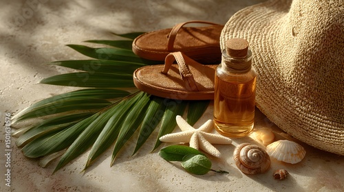 Sun-kissed summer essentials: sandals, straw hat, seas, palm leaves, and a bottle of golden sun oil rest on a beige surface.