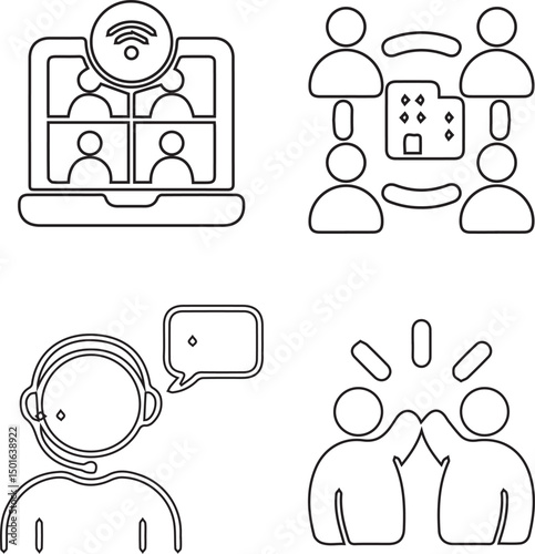 Remote Collaboration and Communication Icons: A collection of four essential icons perfectly illustrate remote collaboration, communication, and teamwork. Depicting online meetings.