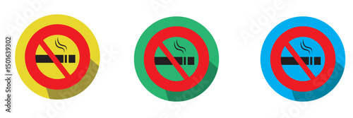 No smoking sing icon set. Concept of no smoking and World No Tobacco Day. No smoking zone, anti smoke day, tobacco free day. Banner with red circle stop tobacco sign and cigarette. 