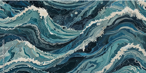 Vector ocean wave line blue and white background. Ocean sea art with natural template. Seamless soft blue ocean pattern wave water background.	