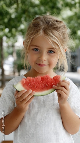 Little girl enjoying fresh watermelon in the park during a sunny summer day with copy space for your message