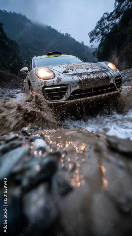 Fototapeta premium Rally car splashing through muddy river in dense jungle terrain reflecting light