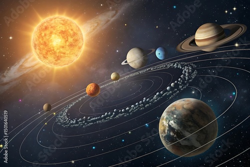 Solar system showing planets orbiting a bright sun illustration Ai generate.
