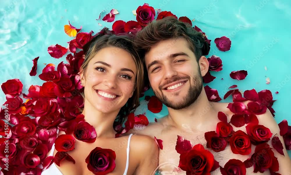 A smiling couple relaxes together in a pool surrounded by floating red rose petals.