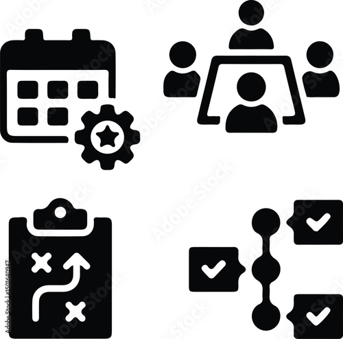 Business Icon Collection: Featuring various business and productivity icons representing scheduling, meetings, strategies, and workflow processes.