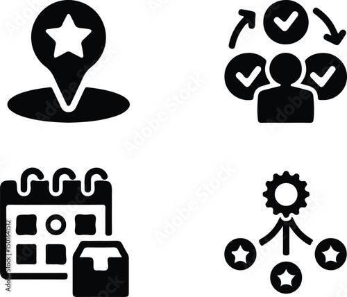 Iconic Business Symbols: A visually striking graphic presentation of several symbolic icons representing diverse aspects of business processes, from strategy to organization.
