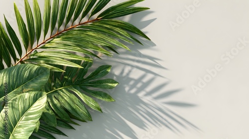 Lush green tropical palm leaves and monstera plant cast shadows on a light gray background creating a vibrant summery scene perfect for design