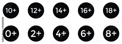 Age Restriction Icon Set – Vector Signs from 0+ to 21+ for Kids, Teens, and Adult Content Warning Labels.