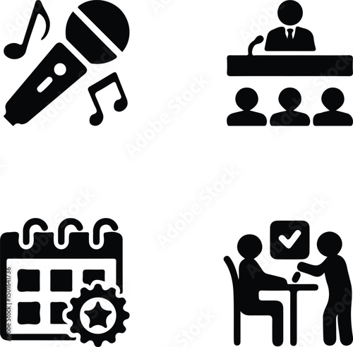 Set of icons: Microphone, Public Speech, Calendar and agreement: A graphic illustration showcases a set of stylized icons representing concepts such as performance, public speaking, scheduling.