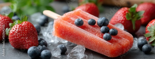 Vibrant red popsicle garnished with fresh strawberries and blueberries on a wooden stick against a blurred background