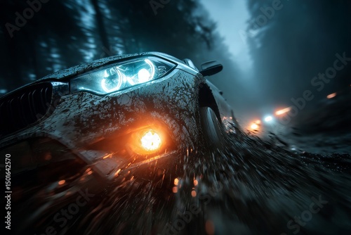 Dramatic night rally scene with a car sliding through foggy forest road