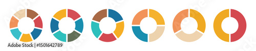 Pie chart color icons. Circle section graph. 6,7,8,9,10,11 segment infographic. Wheel round diagram part symbol. Segment slice sign. Wheel division into fractions, sectors. Vector illustration