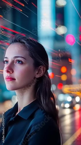 Young woman gazing thoughtfully amidst vibrant city lights and blurred traffic in the background