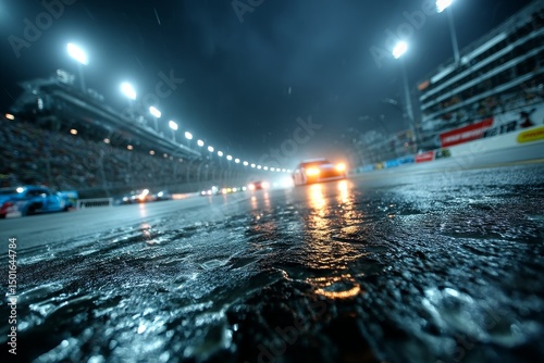 NASCAR night race under floodlights showcasing glowing asphalt and focused cars