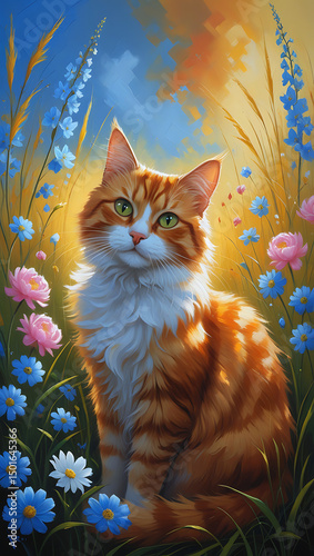 A ginger cat amidst a vibrant meadow of flowers.