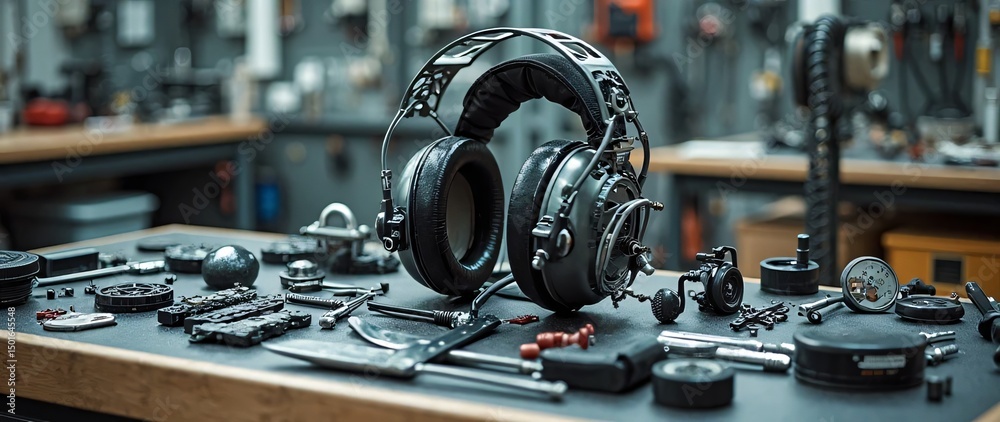 Fototapeta premium High-Quality Headphones and Audio Equipment on Workshop Table