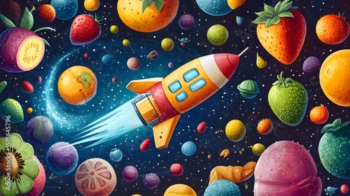 A whimsical cartoon rocket soars through a vibrant, fantastical space scene filled with planets that resemble different types of colorful fruits, creating a fun, playful cosmic journey.