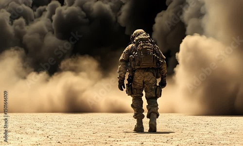 Soldier walking in desert dust storm