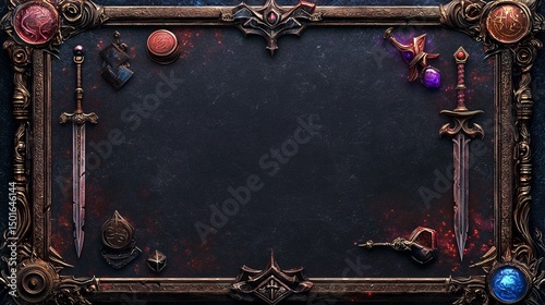Fantasy RPG game interface frame border, magical scrolls, swords, potions, and quest icons surrounding dark fantasy background, central space for game UI