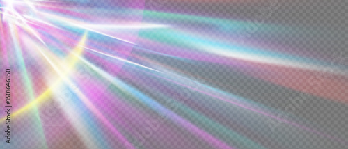 Prismatic light flare with rainbow glow. Crystal glass refraction and holographic sparkle. Abstract iridescent burst with realistic shine and colorful gradient. Perfect for magic or fantasy design.