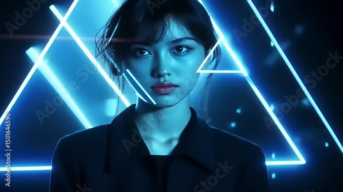 Young woman with striking features illuminated by blue neon lights in a futuristic setting