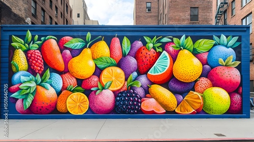 A colorful and vibrant mural depicts an array of fruits against a dark blue backdrop, showcasing a playful blend of shapes, sizes, and textures, creating an eye-catching display.