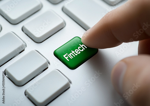 Finger pressing a green 'Fintech' button on a modern computer keyboard