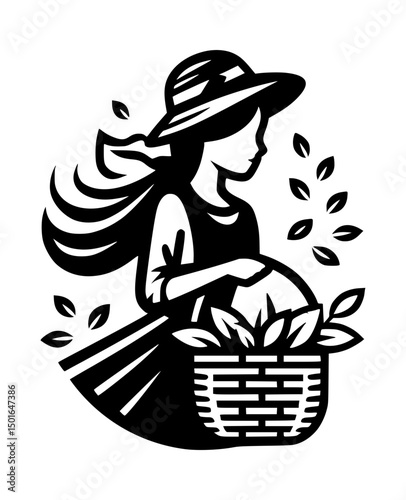 Girl Carrying Wicker Basket with Green Tea Icon Logo Black and White Vector