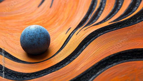 Blue sphere on orange wave texture.