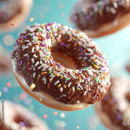 A chocolate donut with pink and blue sprinkles