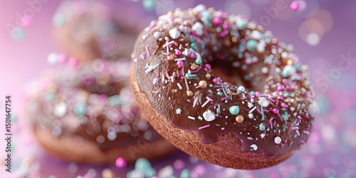 A chocolate donut with pink and blue sprinkles