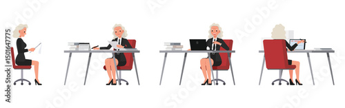 Senior businesswoman wear black suit and signing documents character vector illustration design set. Presentation in various action.