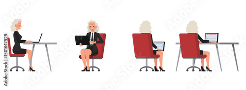 Senior businesswoman wear black suit and typing on a keyboard character vector illustration design set. Presentation in various action.